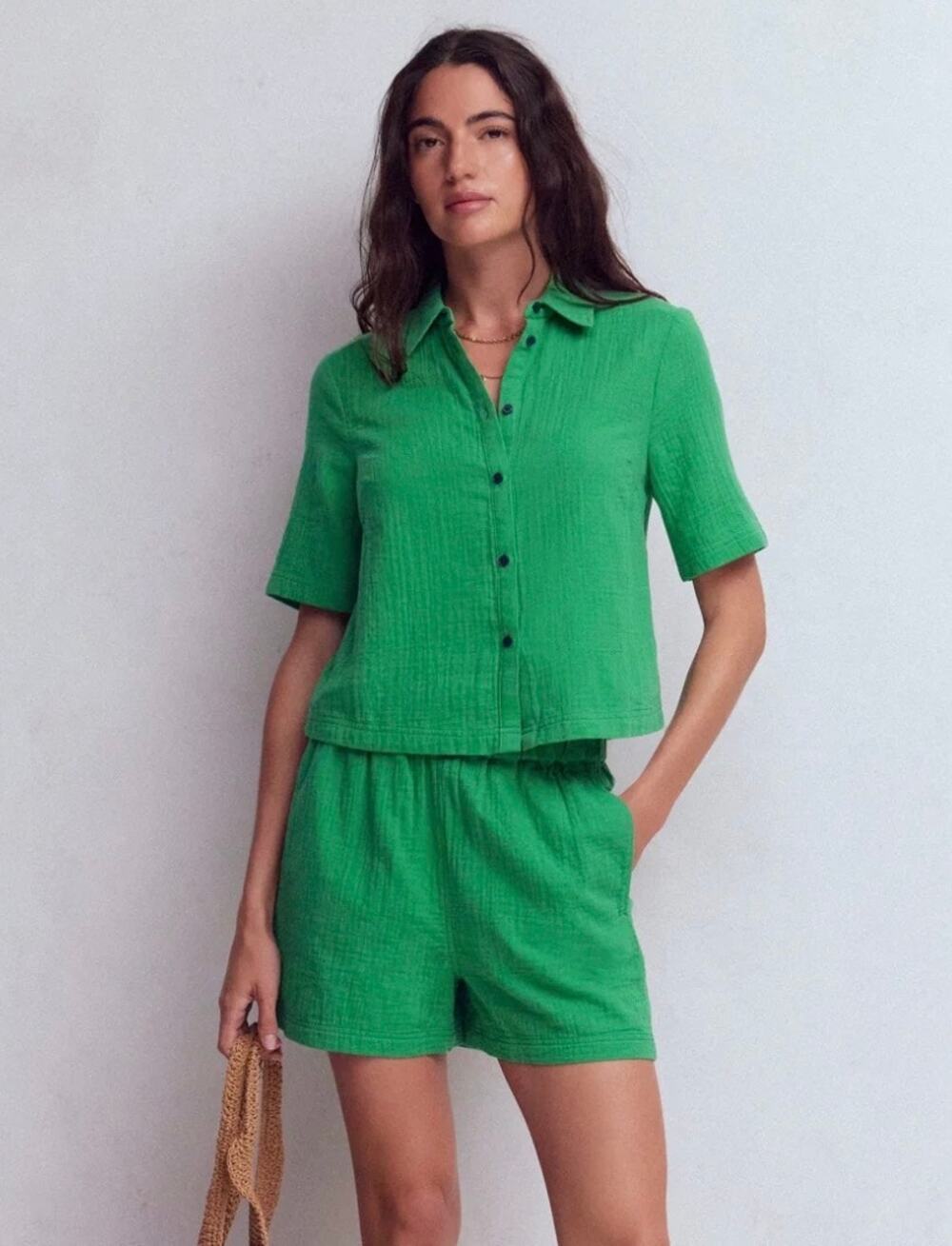 Boden Size 14 Double Cloth Shirt Blouse Leprechaun Green Boxy Cotton Up Collared